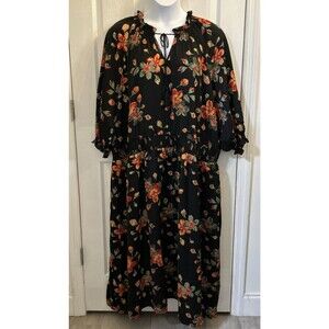 Terra & Sky Black Red Floral Maxi Dress Plus Size 5X 3/4 Sleeve Keyhole Tie Neck